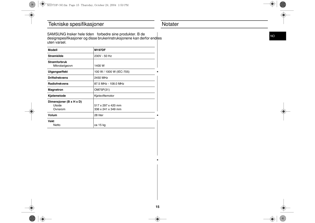 Samsung M197DF-5/XEE manual Tekniske spesifikasjoner Notater 