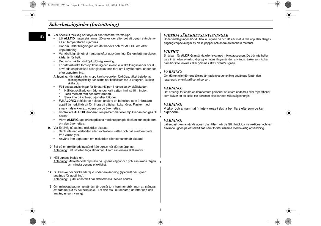 Samsung M197DF-5/XEE manual Säkerhetsåtgärder fortsättning, 11. Håll ugnens insida ren 