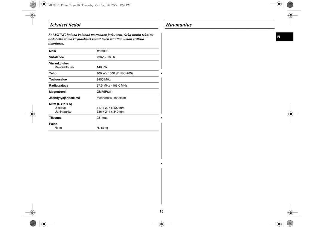 Samsung M197DF-5/XEE manual Tekniset tiedot Huomautus 