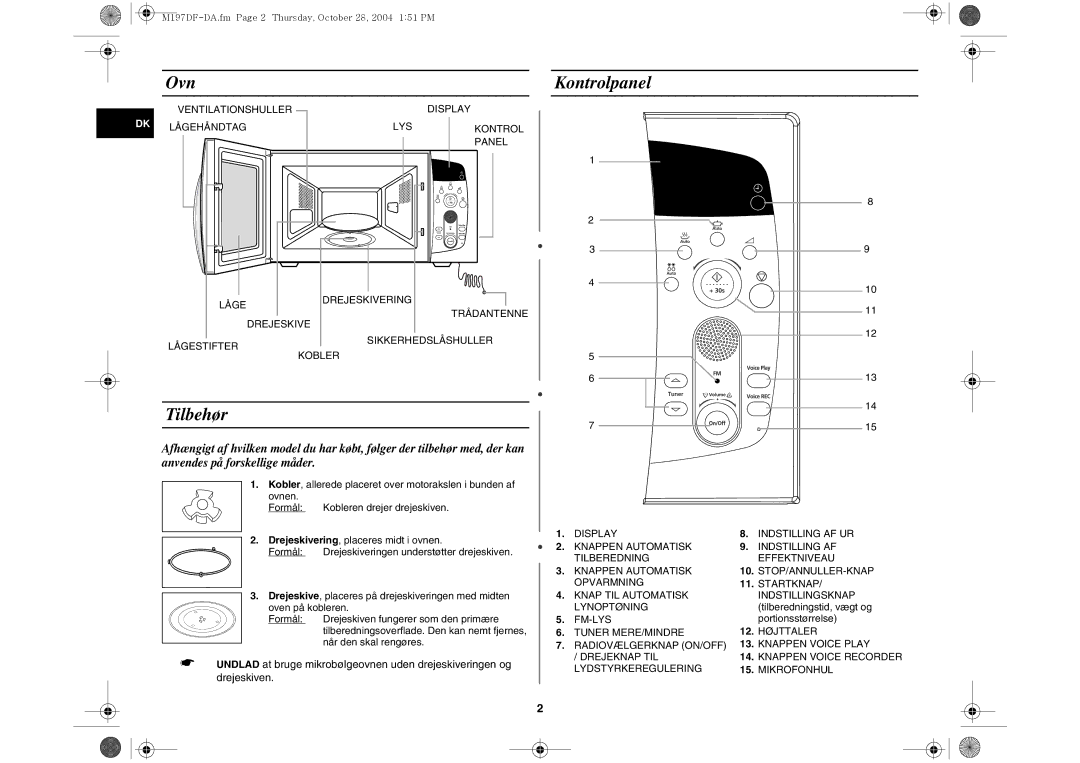 Samsung M197DF-5/XEE manual Ovn, Kontrolpanel 