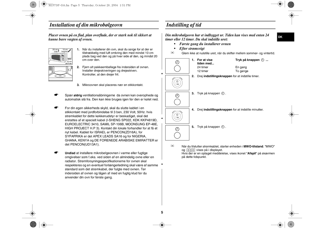 Samsung M197DF-5/XEE manual Installation af din mikrobølgeovn Indstilling af tid, Cm over den 