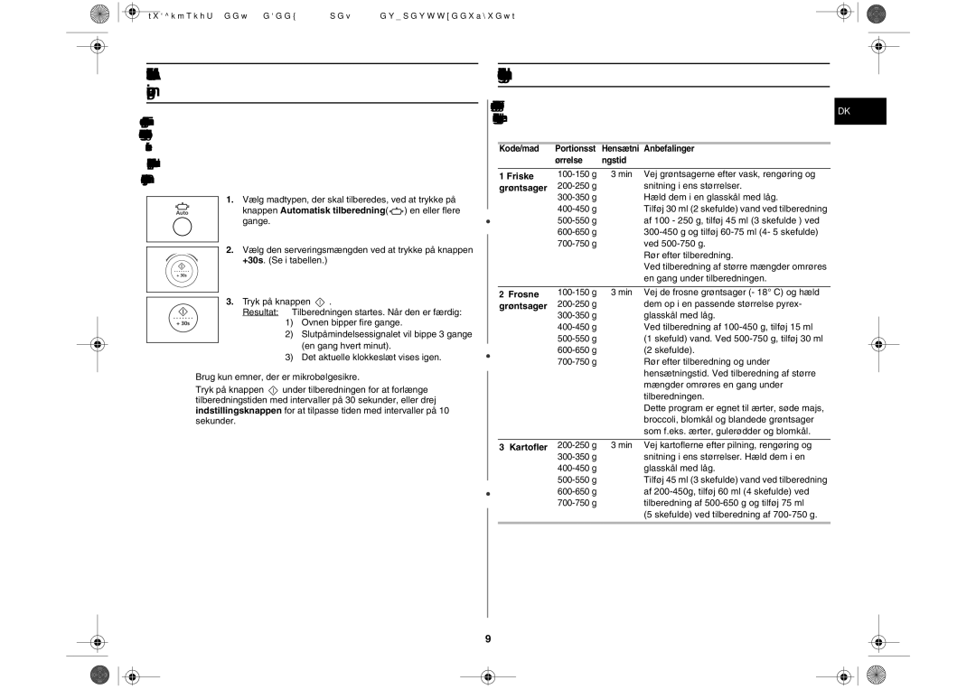 Samsung M197DF-5/XEE manual Indstillinger for automatisk tilberedning, Knappen Automatisk tilberedning en eller flere gange 