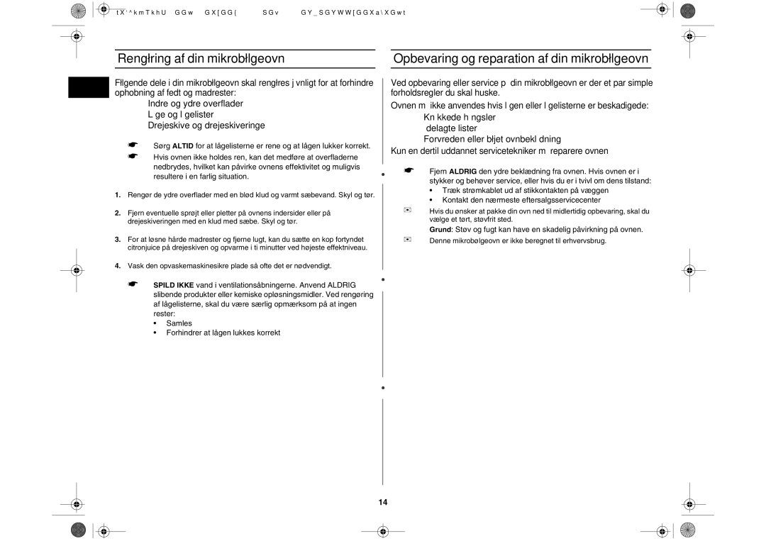 Samsung M197DF-5/XEE manual Rengøring af din mikrobølgeovn, Opbevaring og reparation af din mikrobølgeovn 