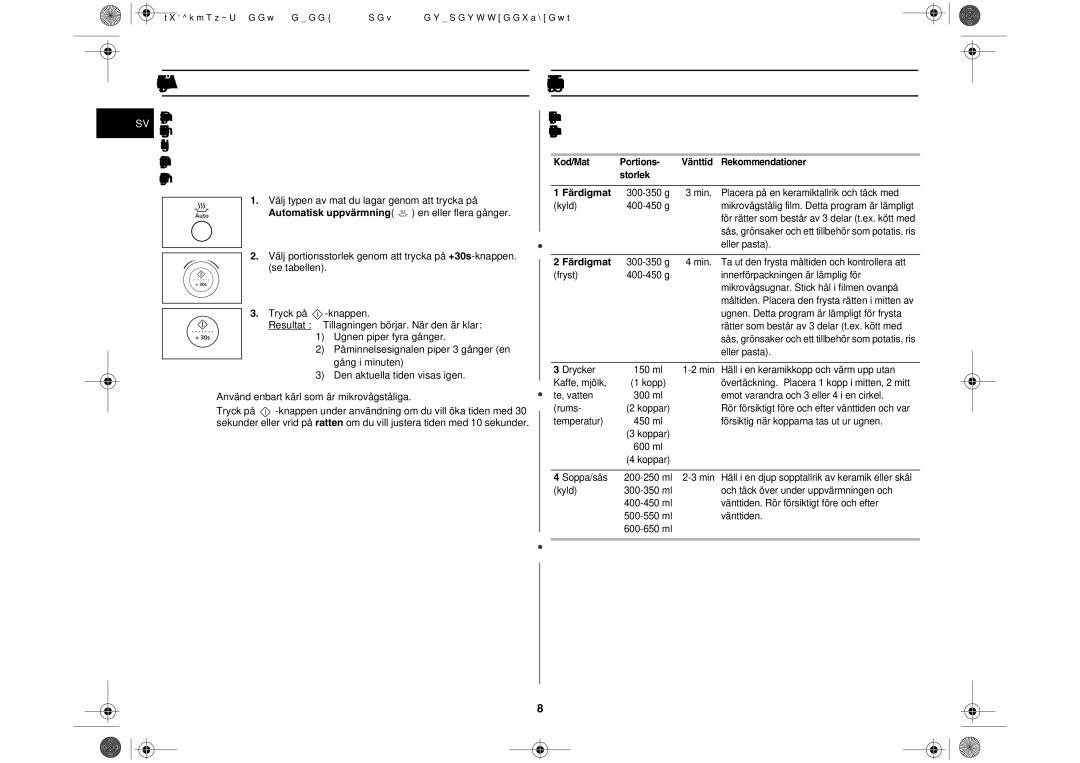 Samsung M197DF-5/XEE manual Inställningar för automatisk uppvärmning, Färdigmat 