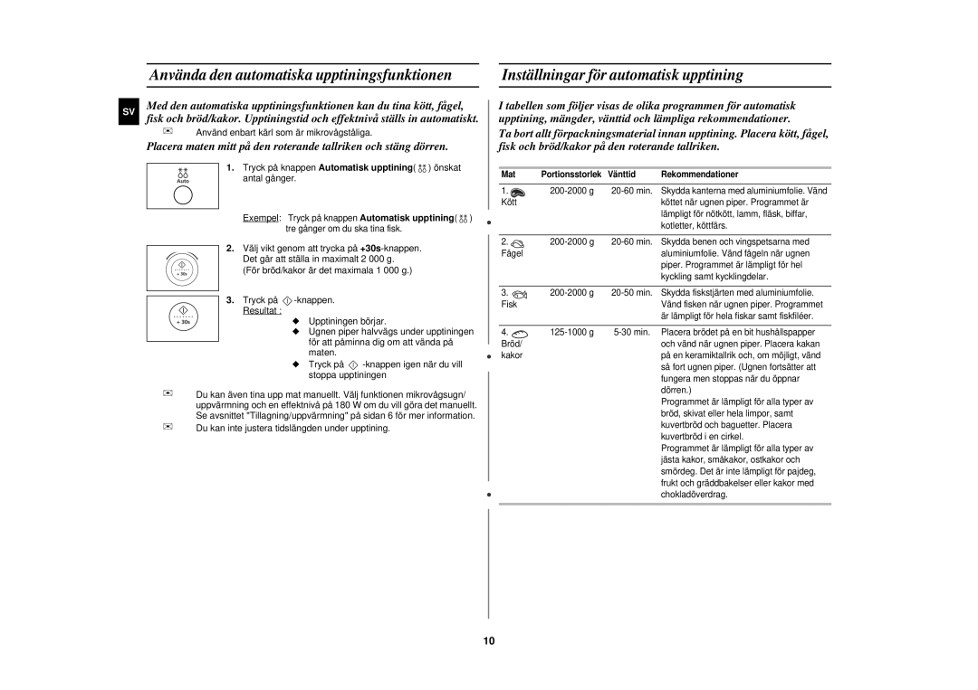 Samsung M197DF-5/XEE manual Använda den automatiska upptiningsfunktionen, Inställningar för automatisk upptining 