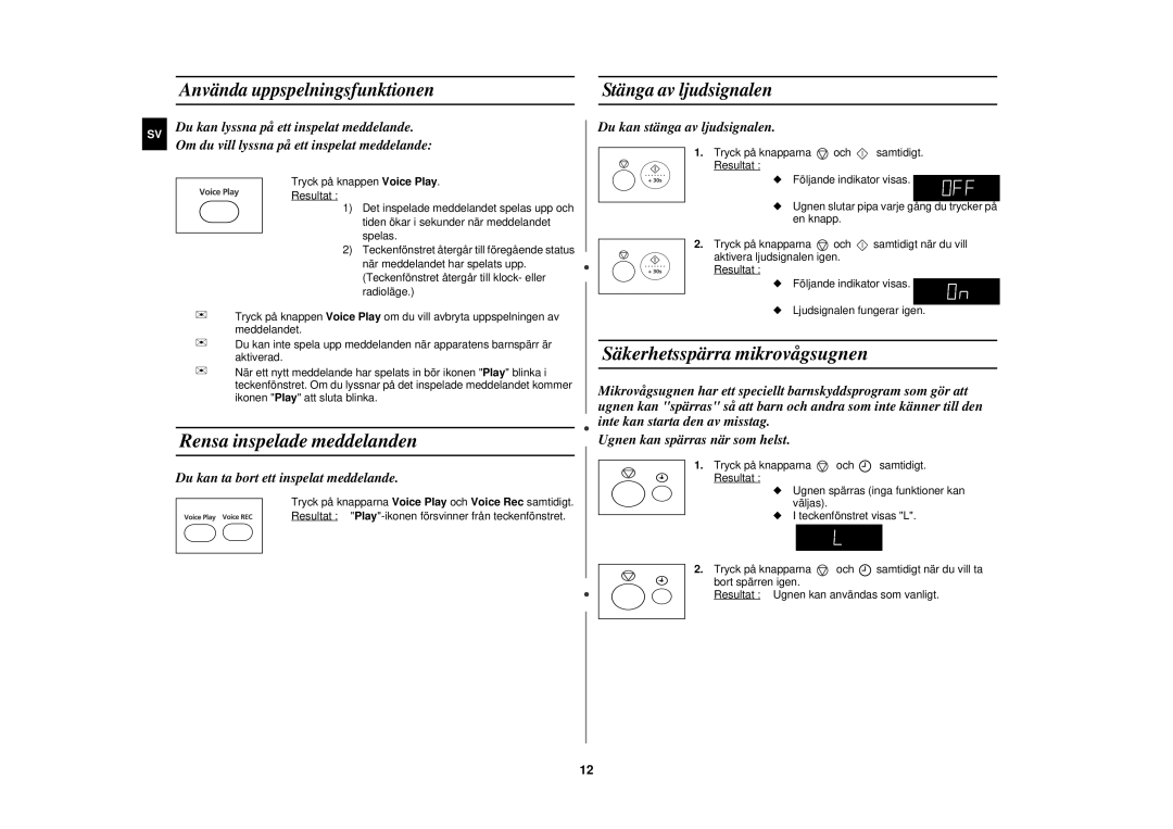 Samsung M197DF-5/XEE manual Rensa inspelade meddelanden, Säkerhetsspärra mikrovågsugnen 