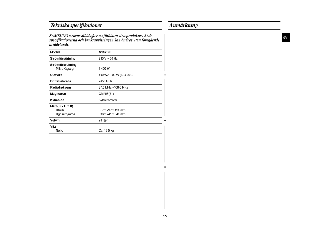 Samsung M197DF-5/XEE manual Anmärkning, Tekniska specifikationer 