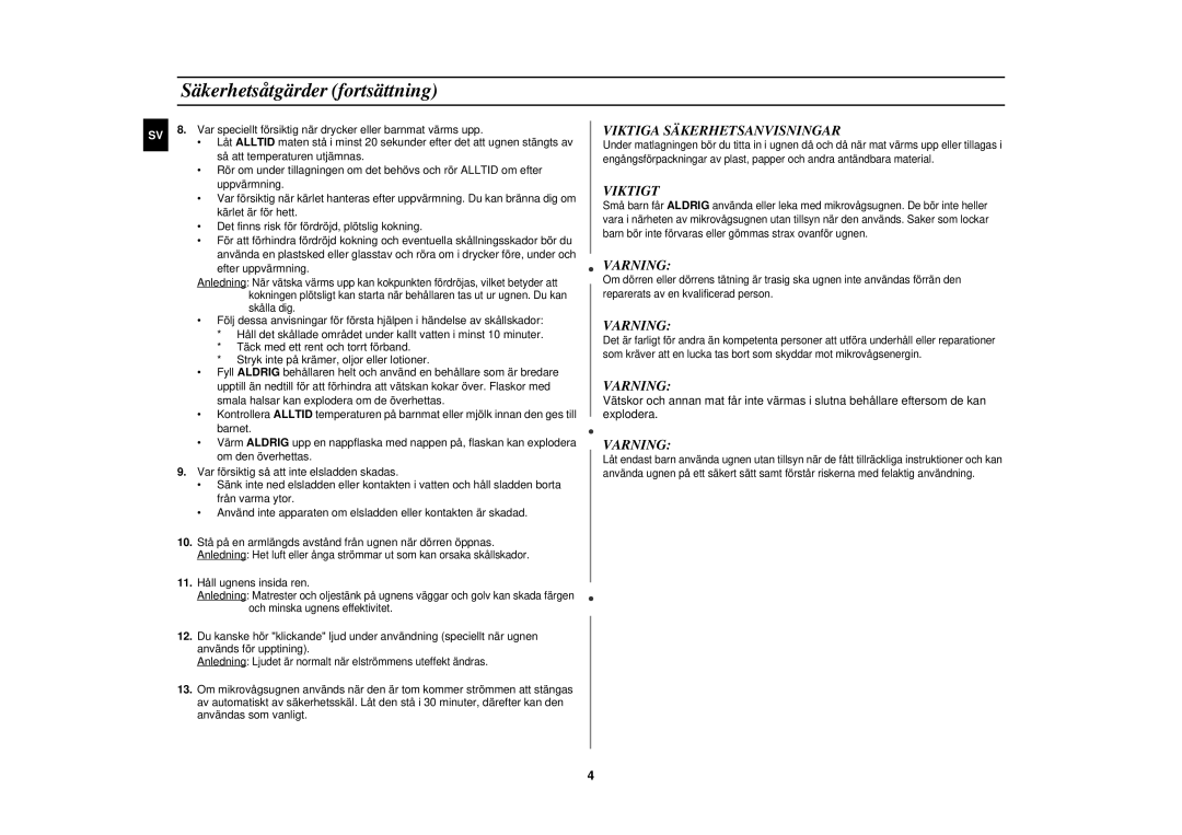 Samsung M197DF-5/XEE manual Säkerhetsåtgärder fortsättning, 11. Håll ugnens insida ren 