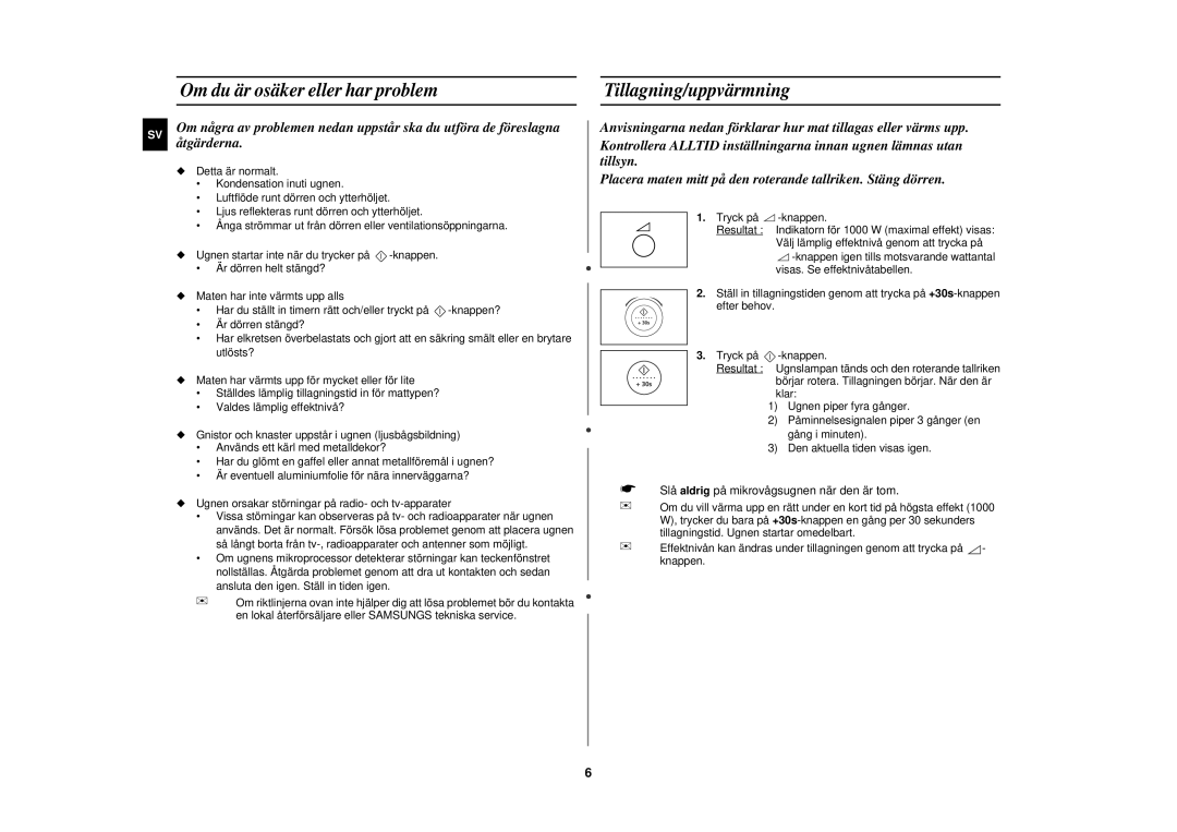 Samsung M197DF-5/XEE manual Om du är osäker eller har problem, Tillagning/uppvärmning 