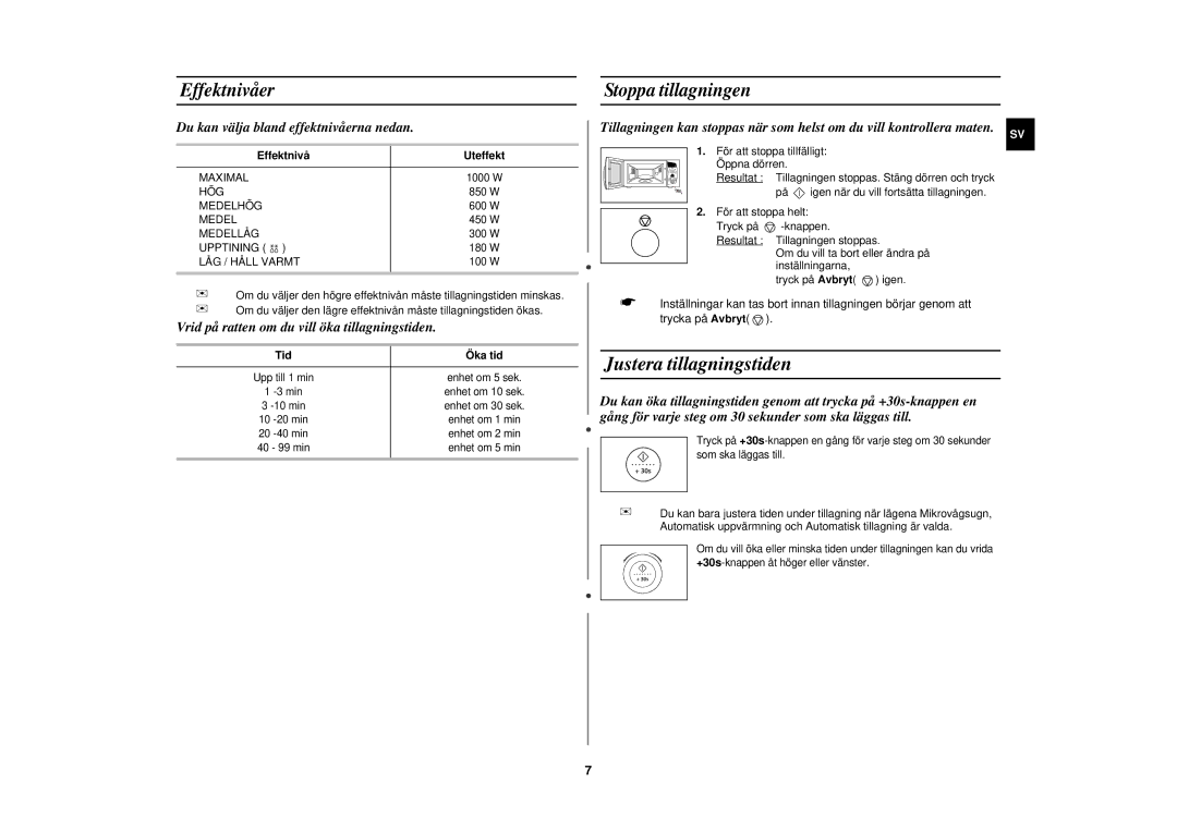 Samsung M197DF-5/XEE manual Justera tillagningstiden, Effektnivåer, Stoppa tillagningen, Effektnivå Uteffekt, Tid Öka tid 