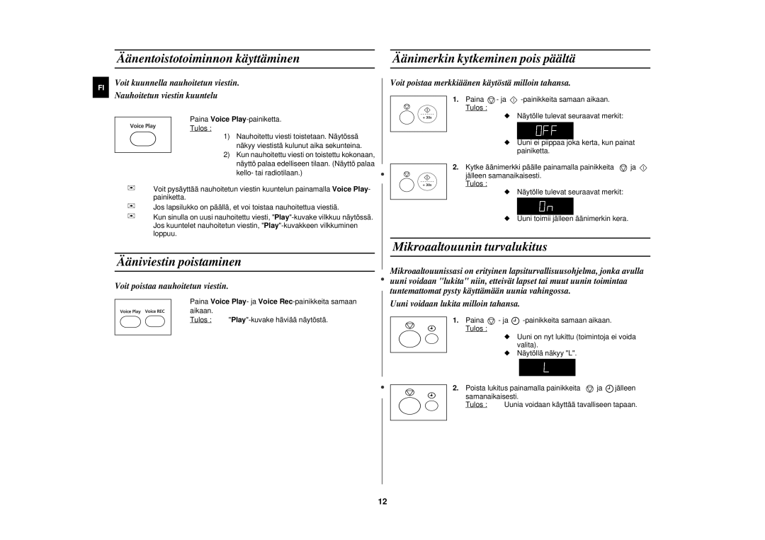 Samsung M197DF-5/XEE manual Ääniviestin poistaminen, Mikroaaltouunin turvalukitus 