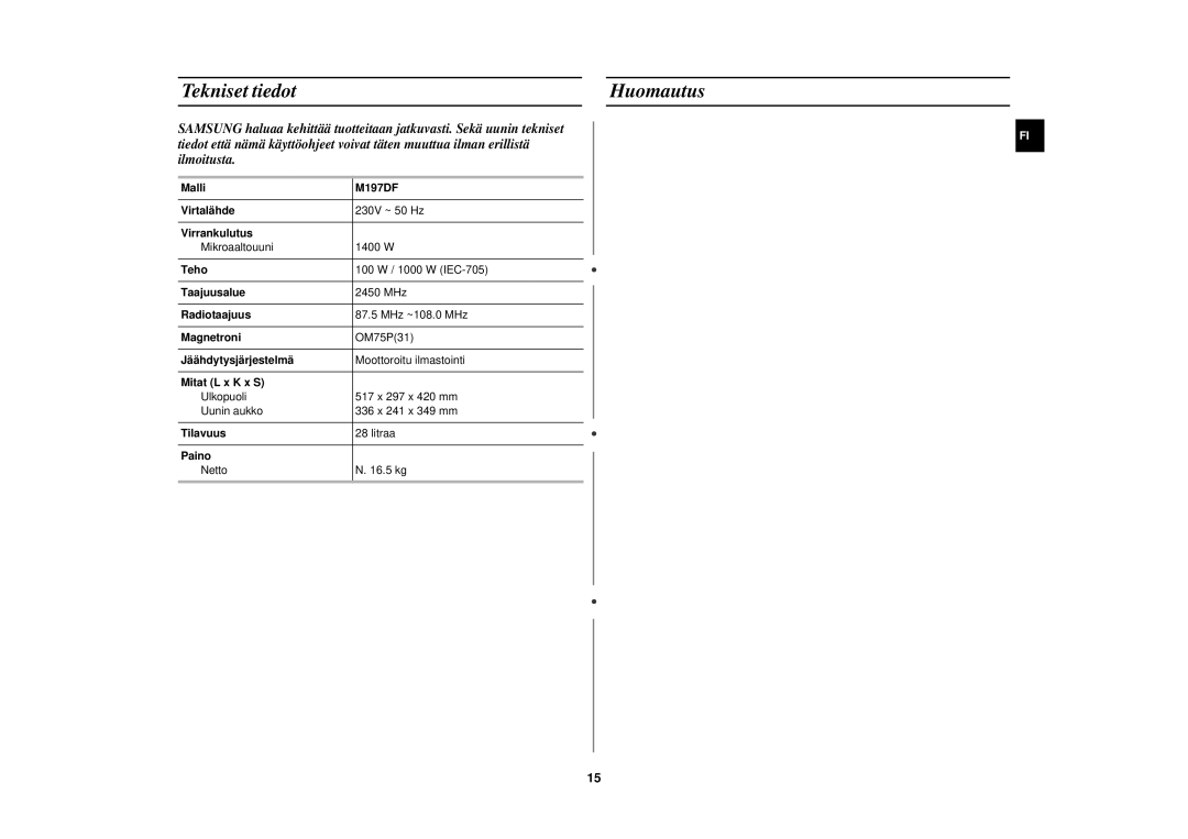 Samsung M197DF-5/XEE manual Tekniset tiedot Huomautus 