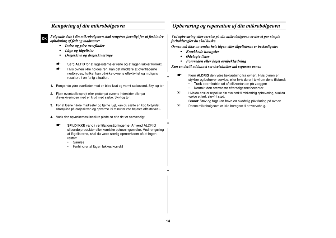 Samsung M197DF-5/XEE manual Rengøring af din mikrobølgeovn, Opbevaring og reparation af din mikrobølgeovn 