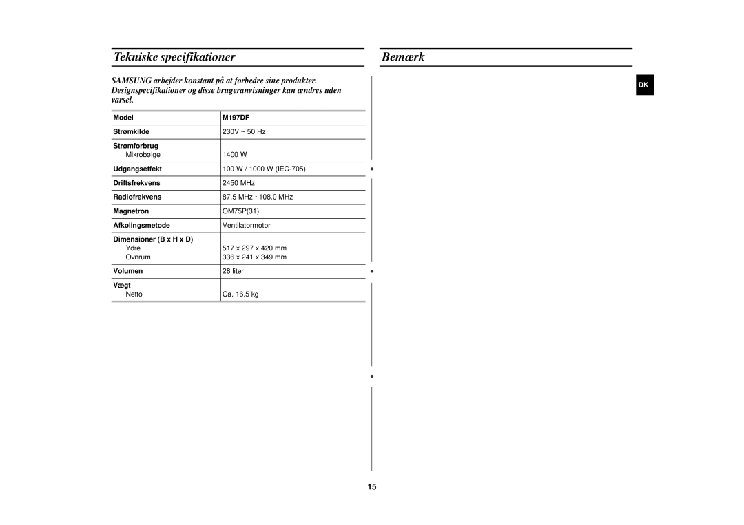 Samsung M197DF-5/XEE manual Tekniske specifikationer Bemærk 