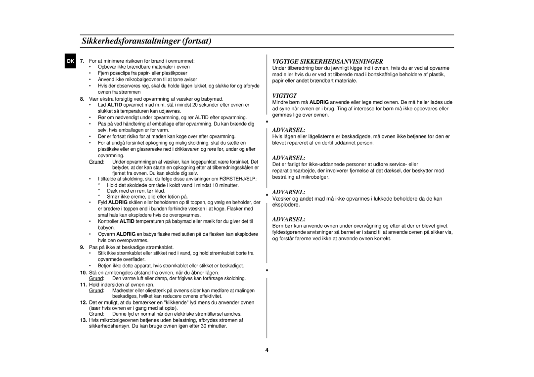 Samsung M197DF-5/XEE manual Sikkerhedsforanstaltninger fortsat 