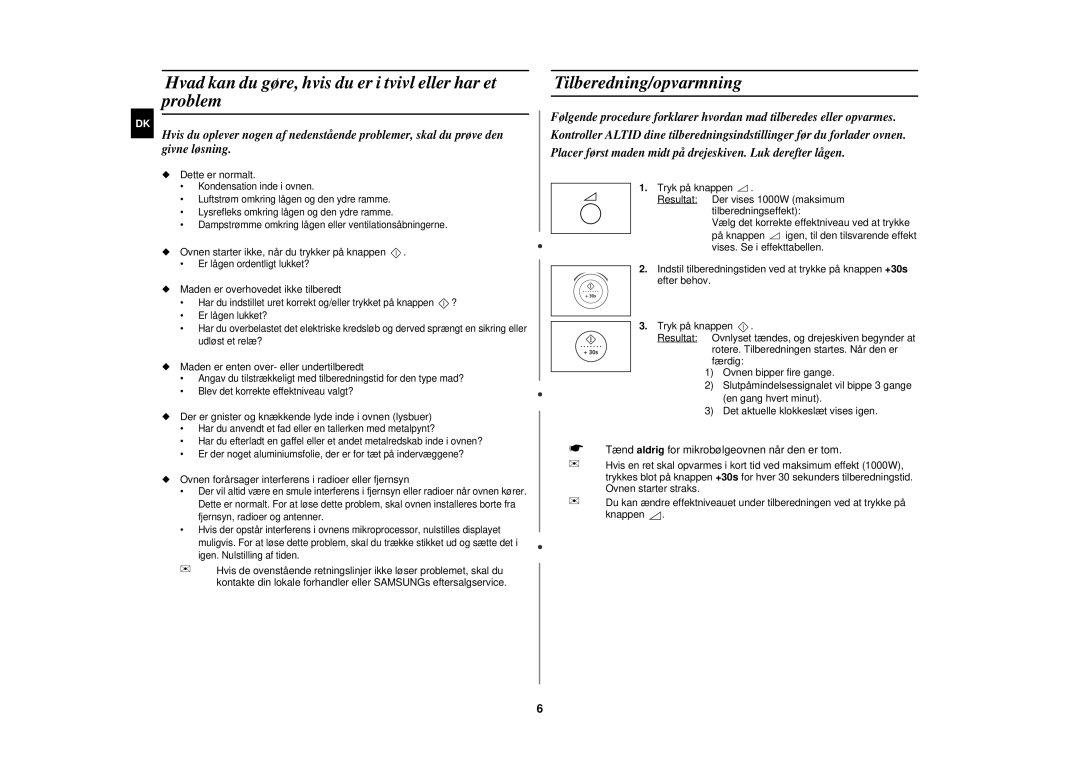 Samsung M197DF-5/XEE manual Hvad kan du gøre, hvis du er i tvivl eller har et problem, Tilberedning/opvarmning 