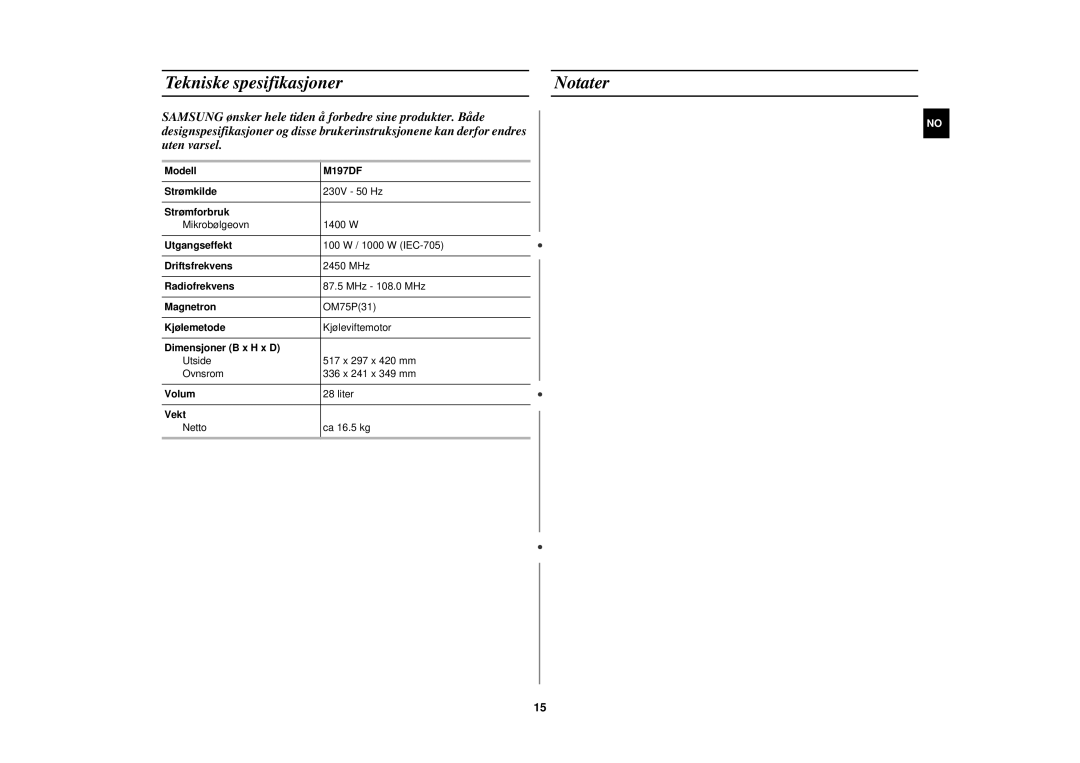 Samsung M197DF-5/XEE manual Tekniske spesifikasjoner Notater 