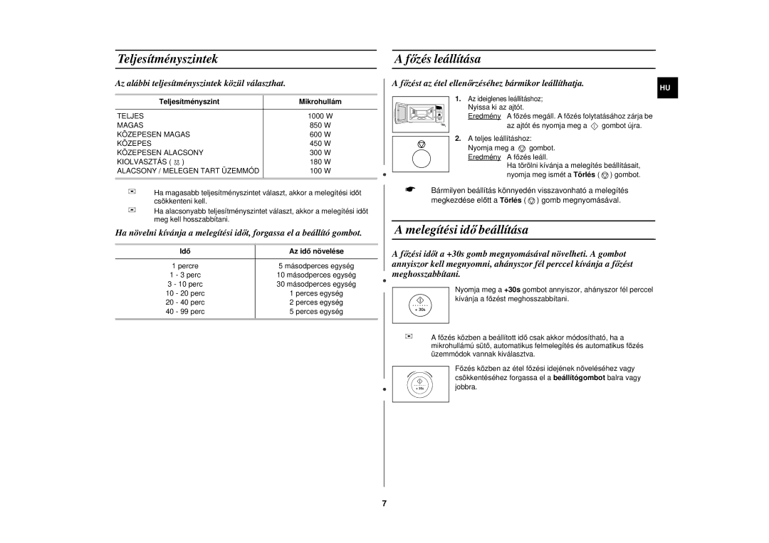 Samsung M197DF/XEH manual Teljesítményszintek, Főzés leállítása, Melegítési idő beállítása, Teljesítményszint Mikrohullám 