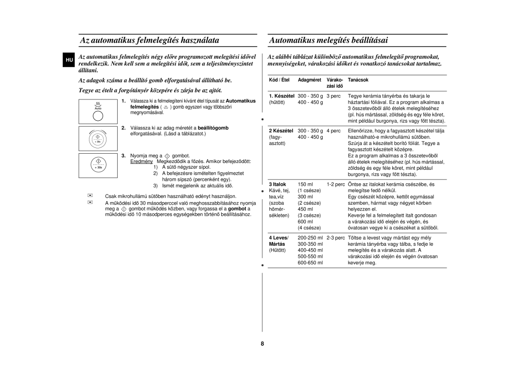 Samsung M197DF-5/XEH, M197DF/XEH manual Az automatikus felmelegítés használata, Automatikus melegítés beállításai 