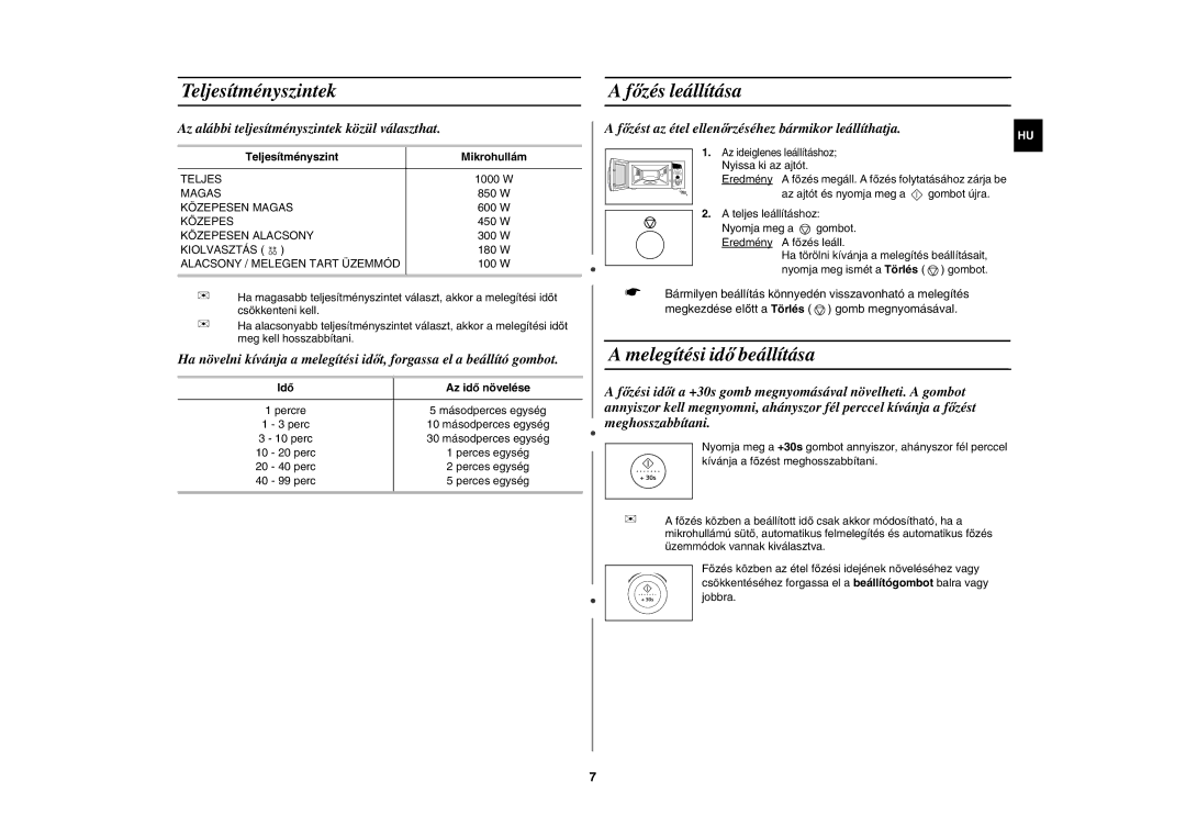 Samsung M197DF/XEH manual Teljesítményszintek, Főzés leállítása, Melegítési idő beállítása, Teljesítményszint Mikrohullám 