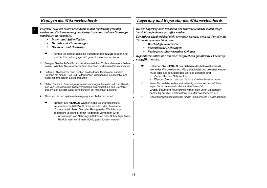 Samsung M197DF-S/XEG, M197DF/XEG manual Reinigen des Mikrowellenherds, Lagerung und Reparatur des Mikrowellenherds 