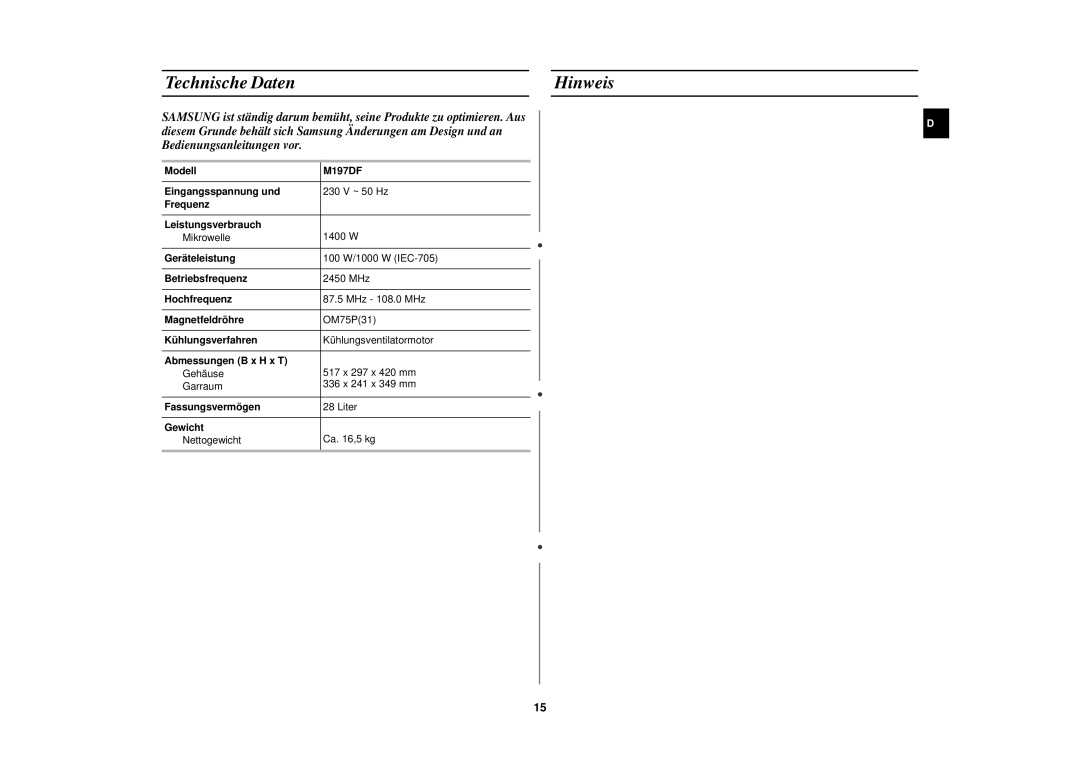 Samsung M197DF/XEG, M197DF-S/XEG manual Technische Daten Hinweis 