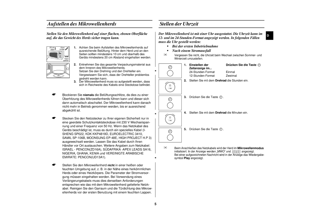 Samsung M197DF/XEG, M197DF-S/XEG manual Aufstellen des Mikrowellenherds Stellen der Uhrzeit, Einstellen der, Zeitanzeige im 