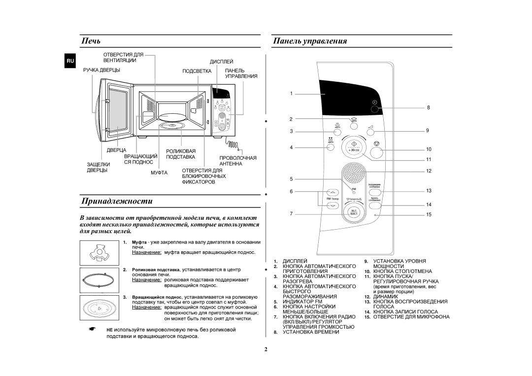 Samsung M197DFR-5/BWT, M197DFR/BWT manual Печь, Принадлежности, Панель управления, Время приготовления, вес, Размер порции 