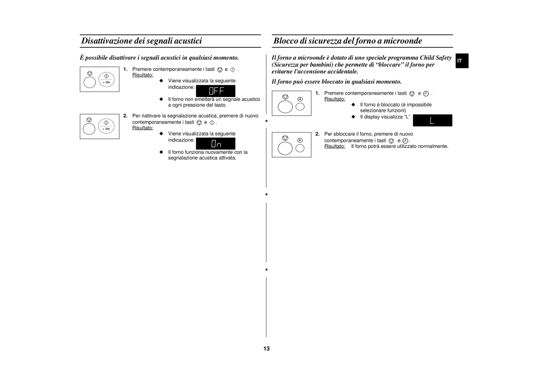 Samsung M197DF-5/XET, M197DF/XET manual Disattivazione dei segnali acustici, Blocco di sicurezza del forno a microonde 