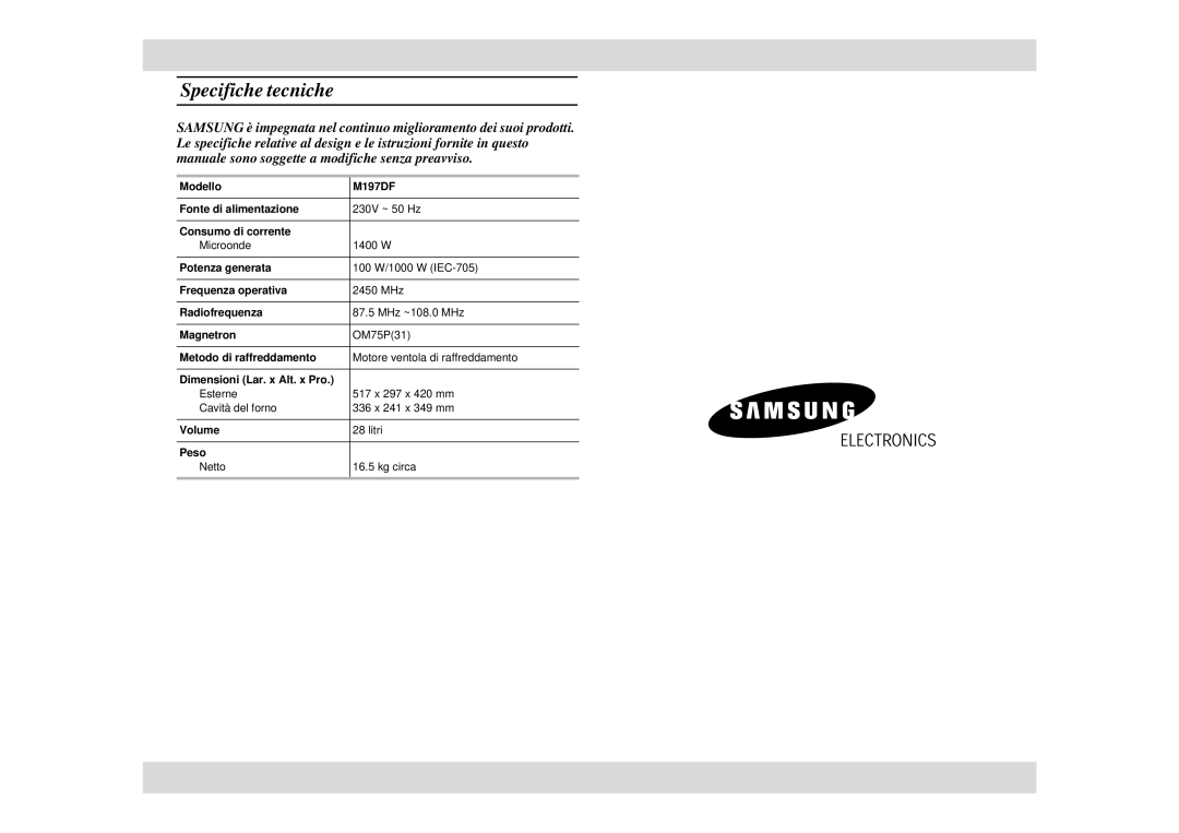 Samsung M197DF/XET, M197DF-5/XET manual Specifiche tecniche 