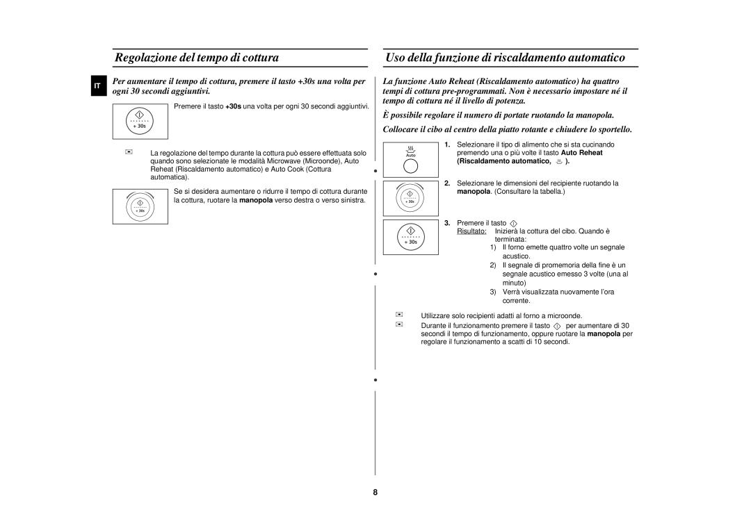 Samsung M197DF/XET, M197DF-5/XET manual Regolazione del tempo di cottura, Riscaldamento automatico 