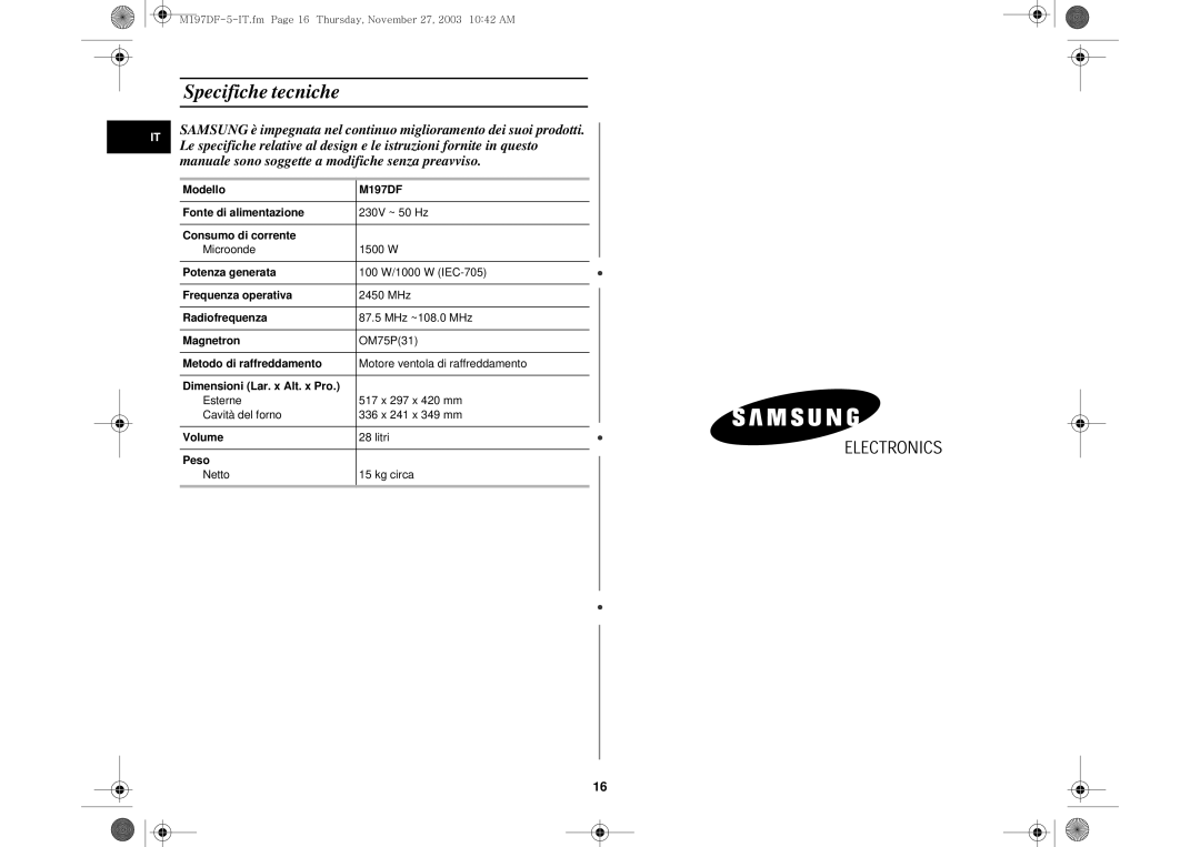 Samsung M197DF/XET, M197DF-5/XET manual Specifiche tecniche 