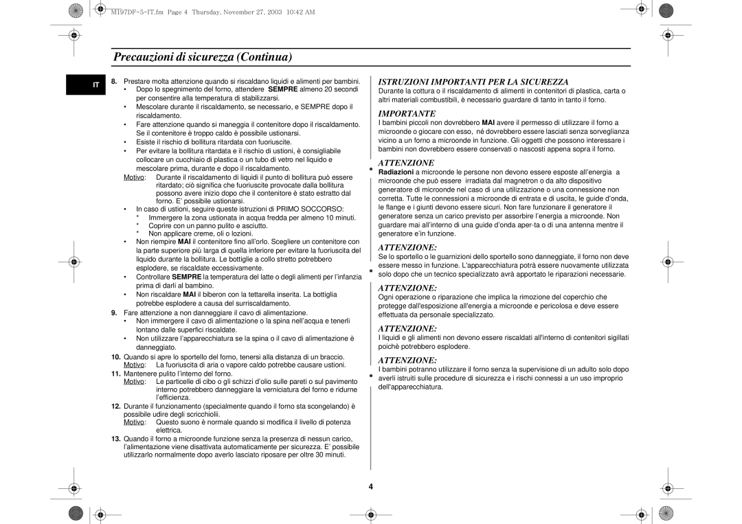 Samsung M197DF/XET, M197DF-5/XET manual Precauzioni di sicurezza Continua, Istruzioni Importanti PER LA Sicurezza 