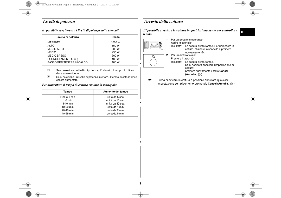 Samsung M197DF-5/XET Livelli di potenza Arresto della cottura, Livello di potenza Uscita, Tempo Aumento del tempo, Annulla 