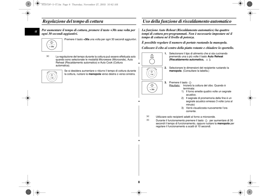 Samsung M197DF/XET, M197DF-5/XET manual Regolazione del tempo di cottura, Riscaldamento automatico 