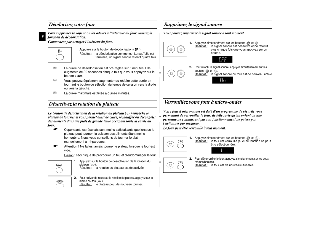 Samsung M197DN-5/XEF, M197DN/XEF manual Déodorisez votre four Supprimez le signal sonore, Désactivez la rotation du plateau 