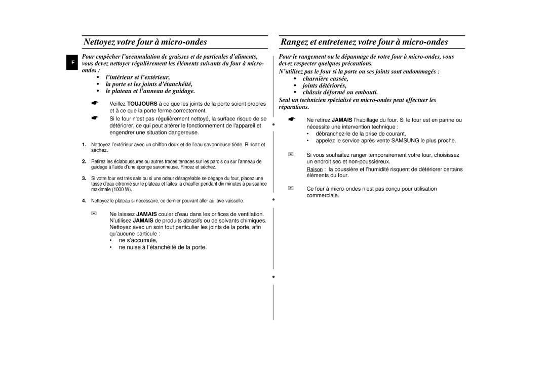 Samsung M197DN-5/XEF, M197DN/XEF manual Nettoyez votre four à micro-ondes, Rangez et entretenez votre four à micro-ondes 
