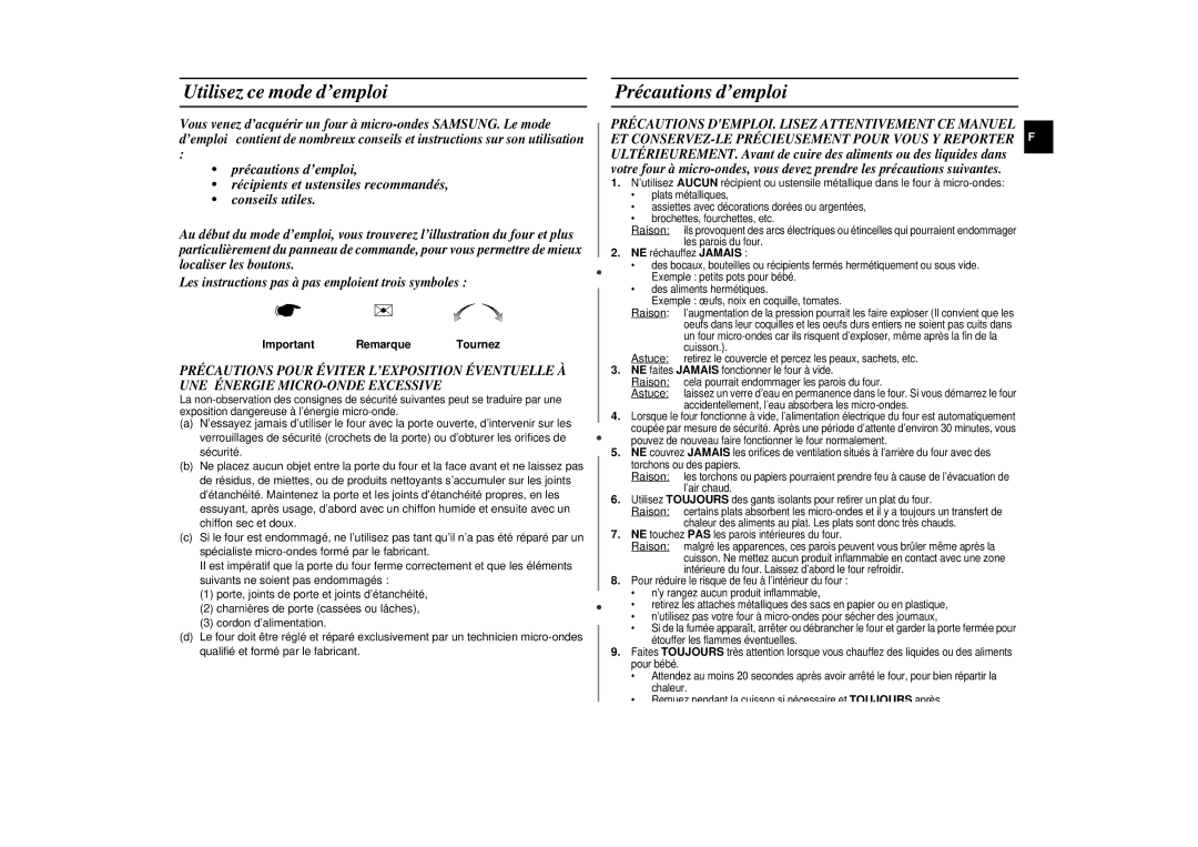 Samsung M197DN/XEF, M197DN-5/XEF manual Utilisez ce mode d’emploi, Précautions d’emploi, Important Remarque Tournez 