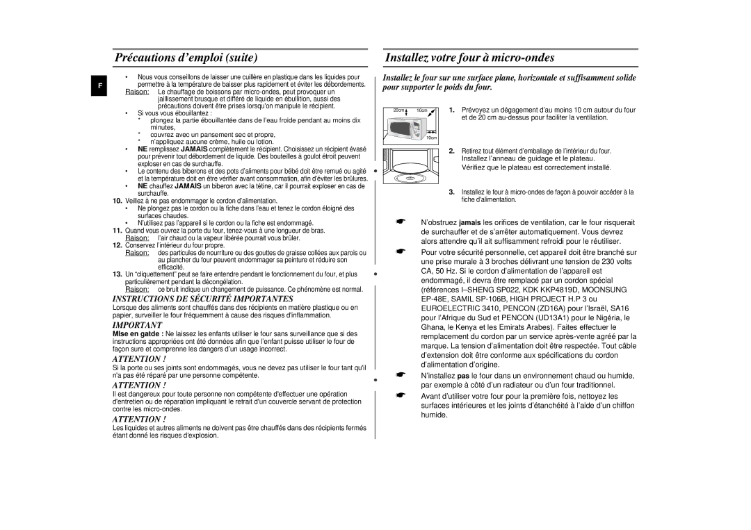 Samsung M197DN-5/XEF, M197DN/XEF manual Précautions d’emploi suite, Installez votre four à micro-ondes 