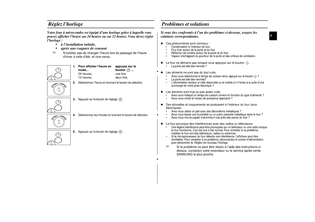 Samsung M197DN/XEF, M197DN-5/XEF manual Réglez l’horloge, Problèmes et solutions, Pour afficher l’heure en, Mode Bouton 