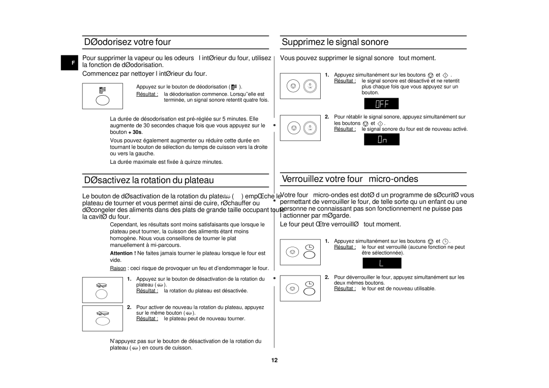 Samsung M197DN-5/XEF, M197DN/XEF manual Déodorisez votre four Supprimez le signal sonore, Désactivez la rotation du plateau 