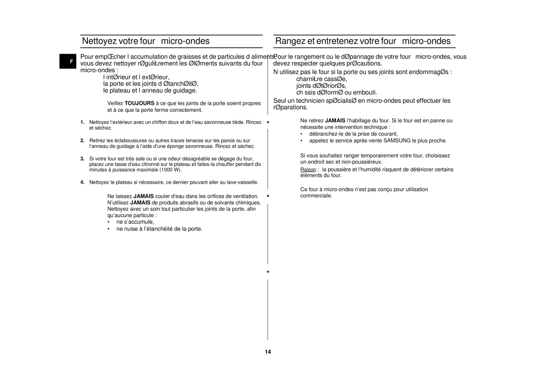 Samsung M197DN-5/XEF, M197DN/XEF manual Nettoyez votre four à micro-ondes, Rangez et entretenez votre four à micro-ondes 