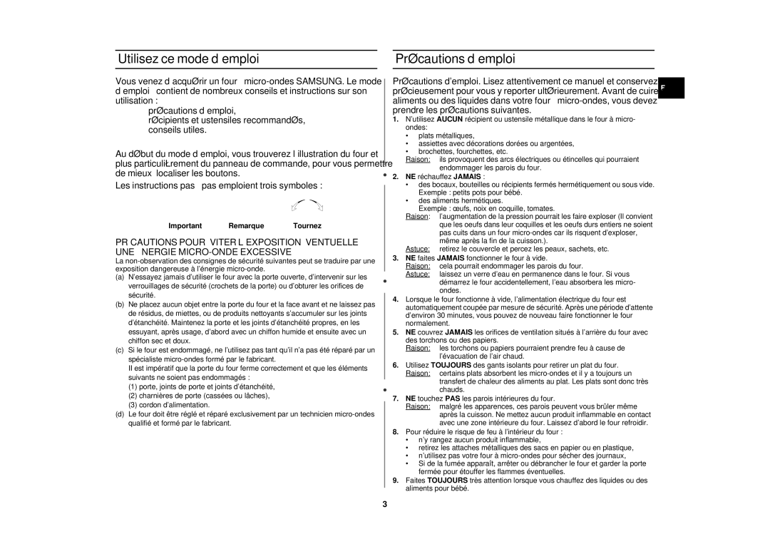 Samsung M197DN/XEF, M197DN-5/XEF manual Utilisez ce mode d’emploi, Précautions d’emploi, Important Remarque Tournez 