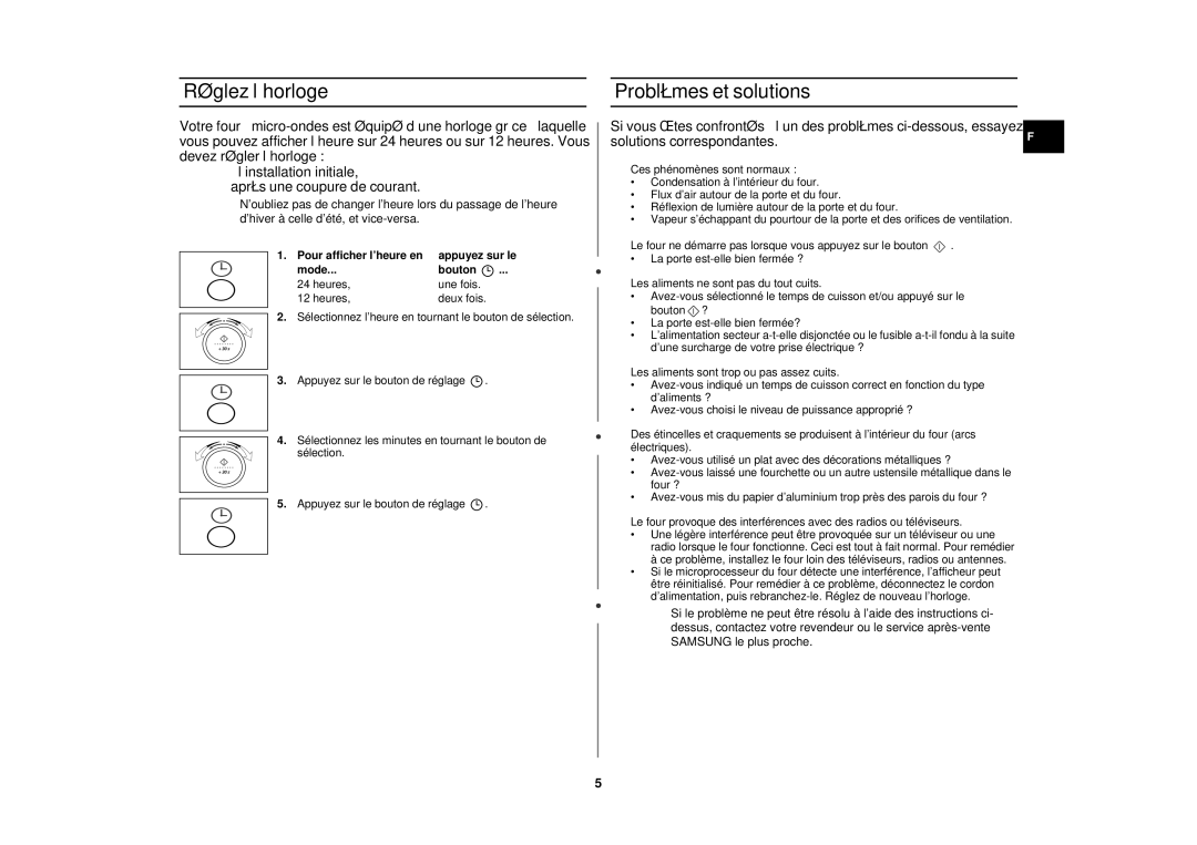 Samsung M197DN/XEF, M197DN-5/XEF manual Réglez l’horloge, Problèmes et solutions, Pour afficher l’heure en 