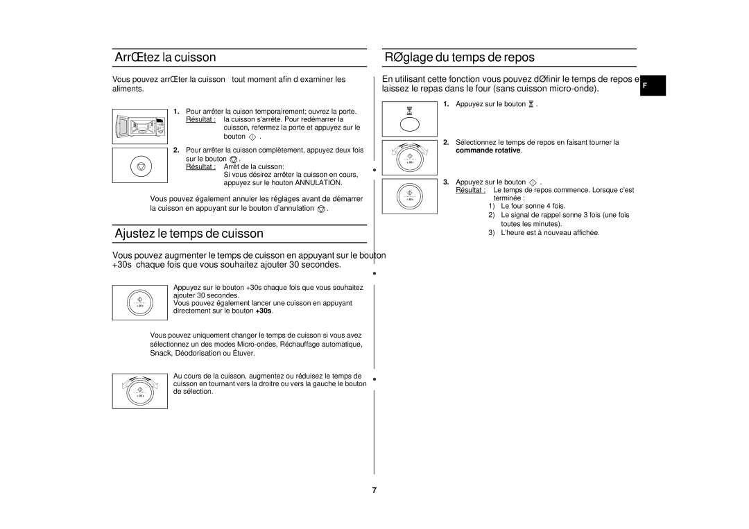 Samsung M197DN/XEF, M197DN-5/XEF manual Arrêtez la cuisson, Ajustez le temps de cuisson, Réglage du temps de repos 