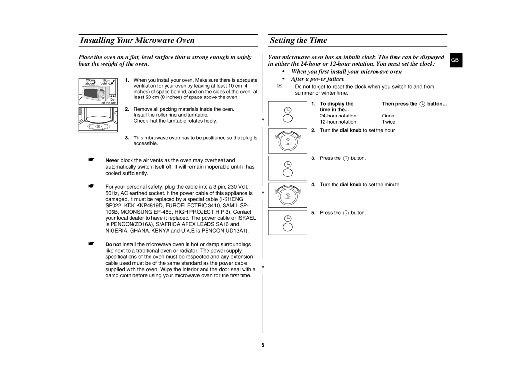 Samsung M197DN technical specifications Installing Your Microwave Oven Setting the Time, To display Then press 