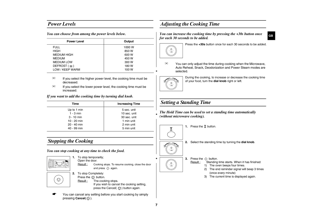 Samsung M197DN Power Levels, Stopping the Cooking, Adjusting the Cooking Time, Setting a Standing Time 