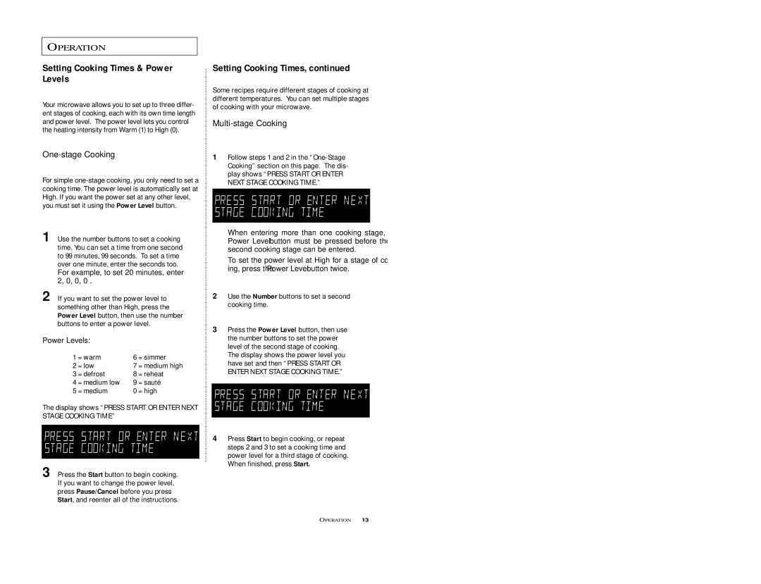 Samsung M1D8SCE, M198SCE owner manual Setting Cooking Times & Power Levels, For example, to set 20 minutes, enter 2, 0, 0 