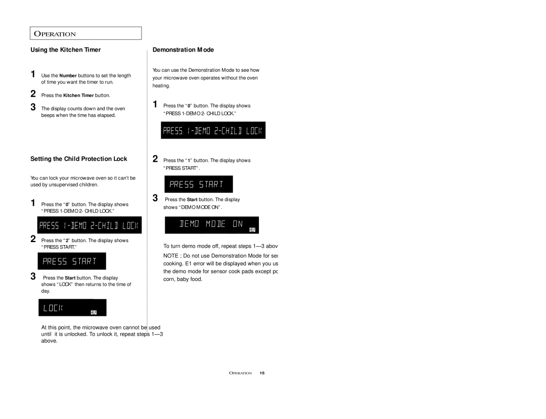 Samsung M1D8SCE, M198SCE owner manual Using the Kitchen Timer, Setting the Child Protection Lock, Demonstration Mode 