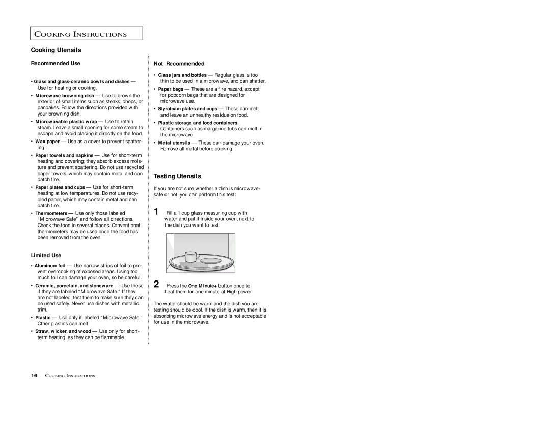 Samsung M198SCE, M1D8SCE owner manual Cooking Utensils, Testing Utensils, Wax paper Use as a cover to prevent spatter- ing 